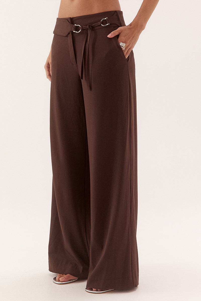 Mid-rise straight leg pants in stretch woven rayon with wide waistband and D-ring belt