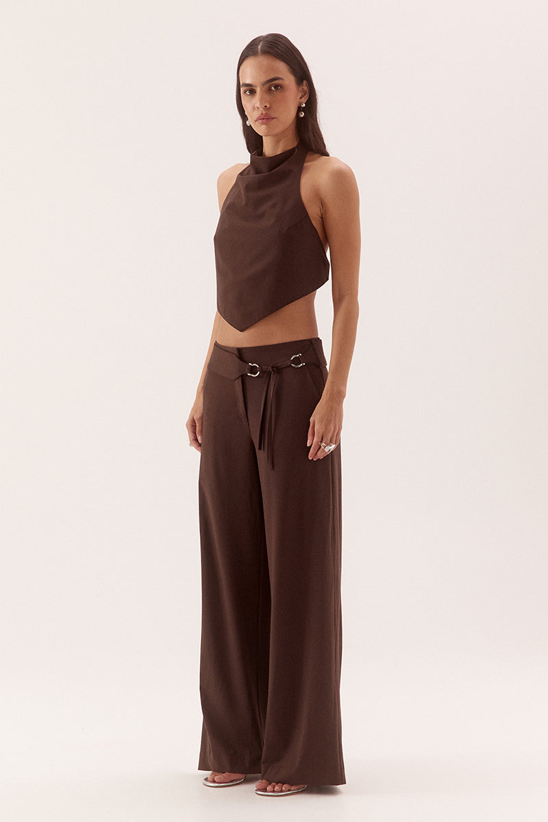 Apron style top in stretch woven rayon with high cowl neckline and V-front hem