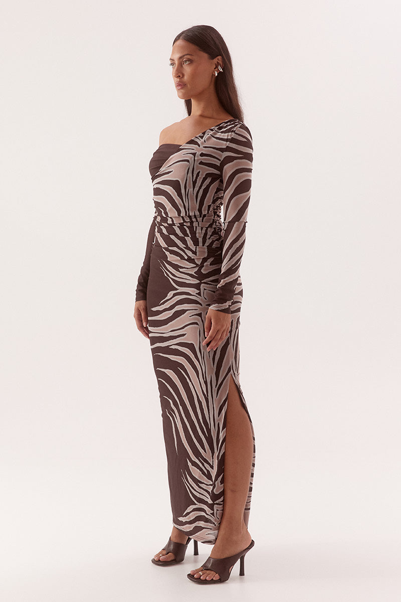 Women's fitted stretch mesh midi dress in exclusive print with asymmetric off-shoulder neckline, ruched bodice, long sleeves, and side split detail.