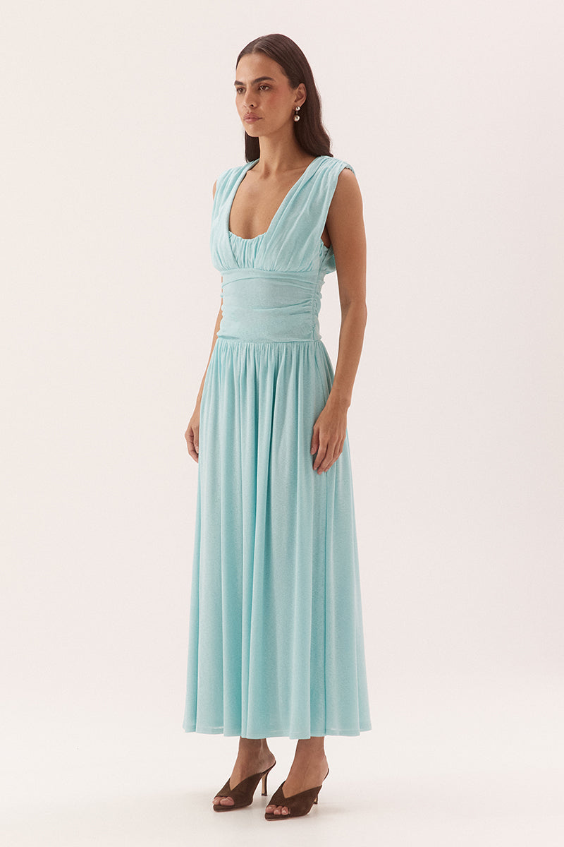 Empire line cami midi dress in stretch textured mesh with sweetheart neckline and gathered skirt