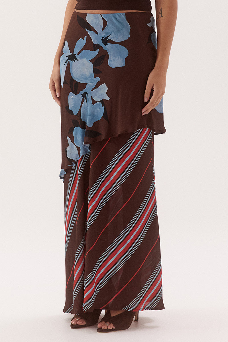 Bias cut slip skirt with asymmetric hem overlay and contrast removable lining in exclusive print