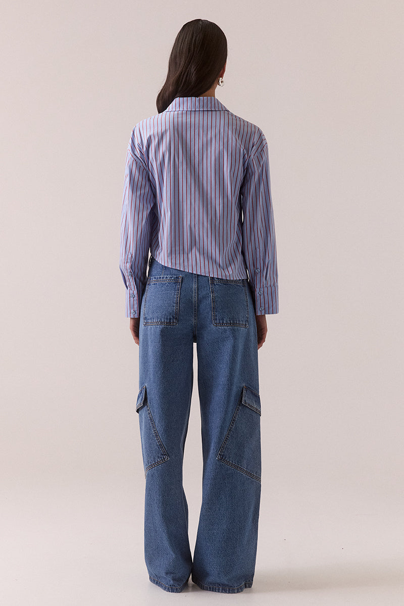 Cotton-blend striped wrap shirt with dropped shoulder and adjustable wide cuffs