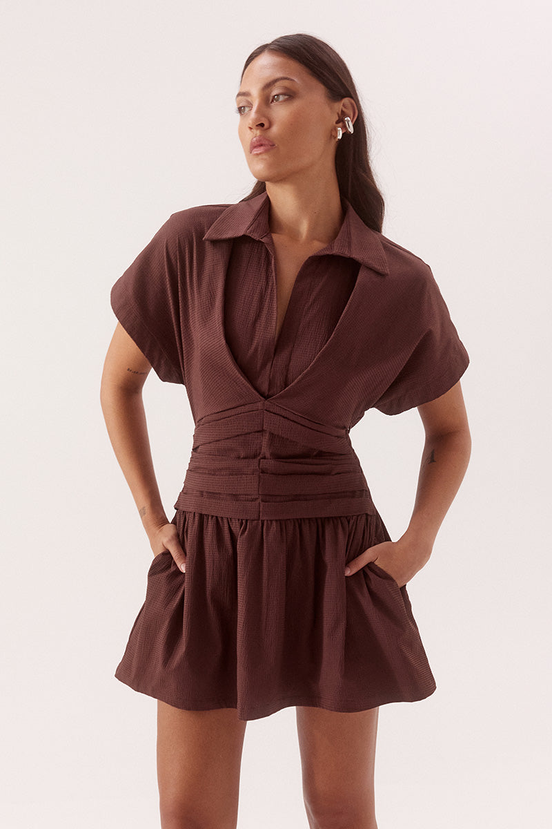 Pleated mini dress in stretch cotton with two piece collar and gathered full skirt