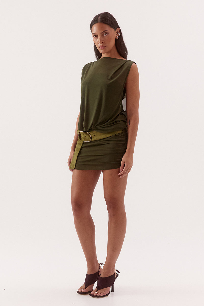Women's stretch mesh sleeveless mini dress with sheer tank bodice, gathered skirt, boat neckline, built-in bralette and suede belt.