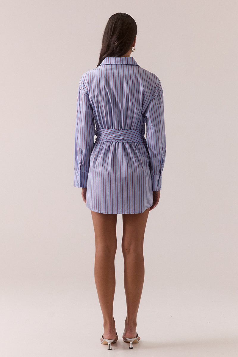 True wrap mini dress with two-piece collar, internal button closure, and shirtmaker-shaped hem