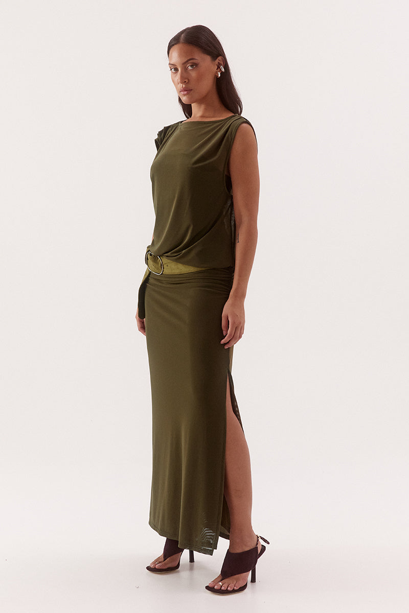 Women's stretch mesh sleeveless midi dress with sheer tank bodice, multiway neckline, gathered column skirt, built-in bralette and suede belt.