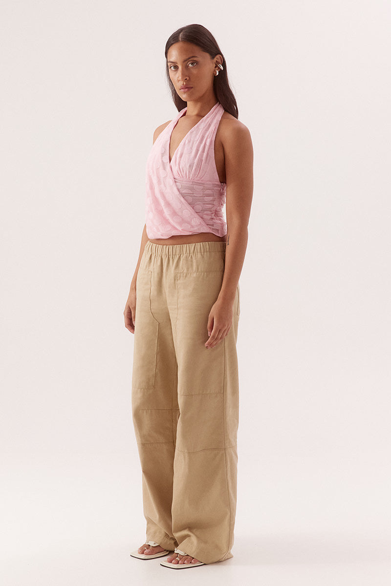 Halter neck empire line top in dot stretch mesh with draped side overlay