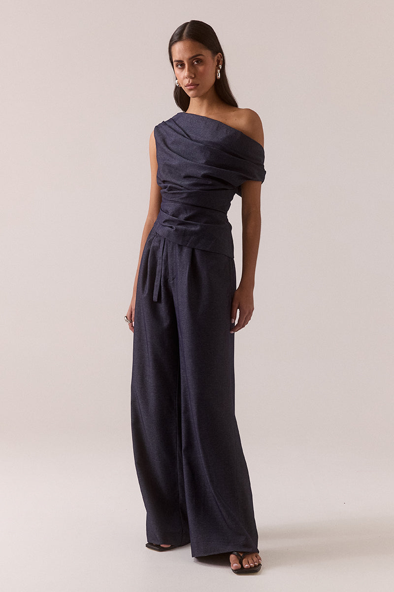 Fitted wide neck top with side tucks, shoulder detail and invisible side zipper
