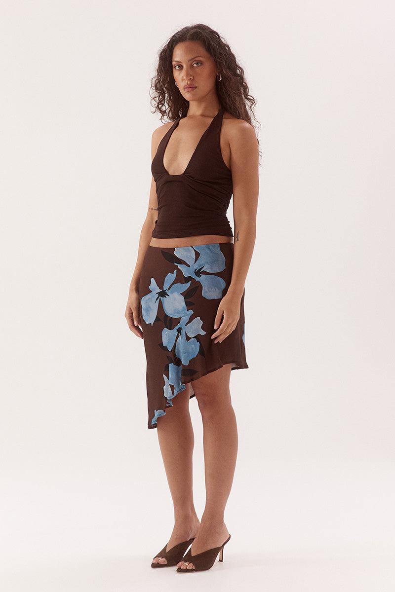 Halter neck top in textured rib mesh with scoop neckline and tucked front detail