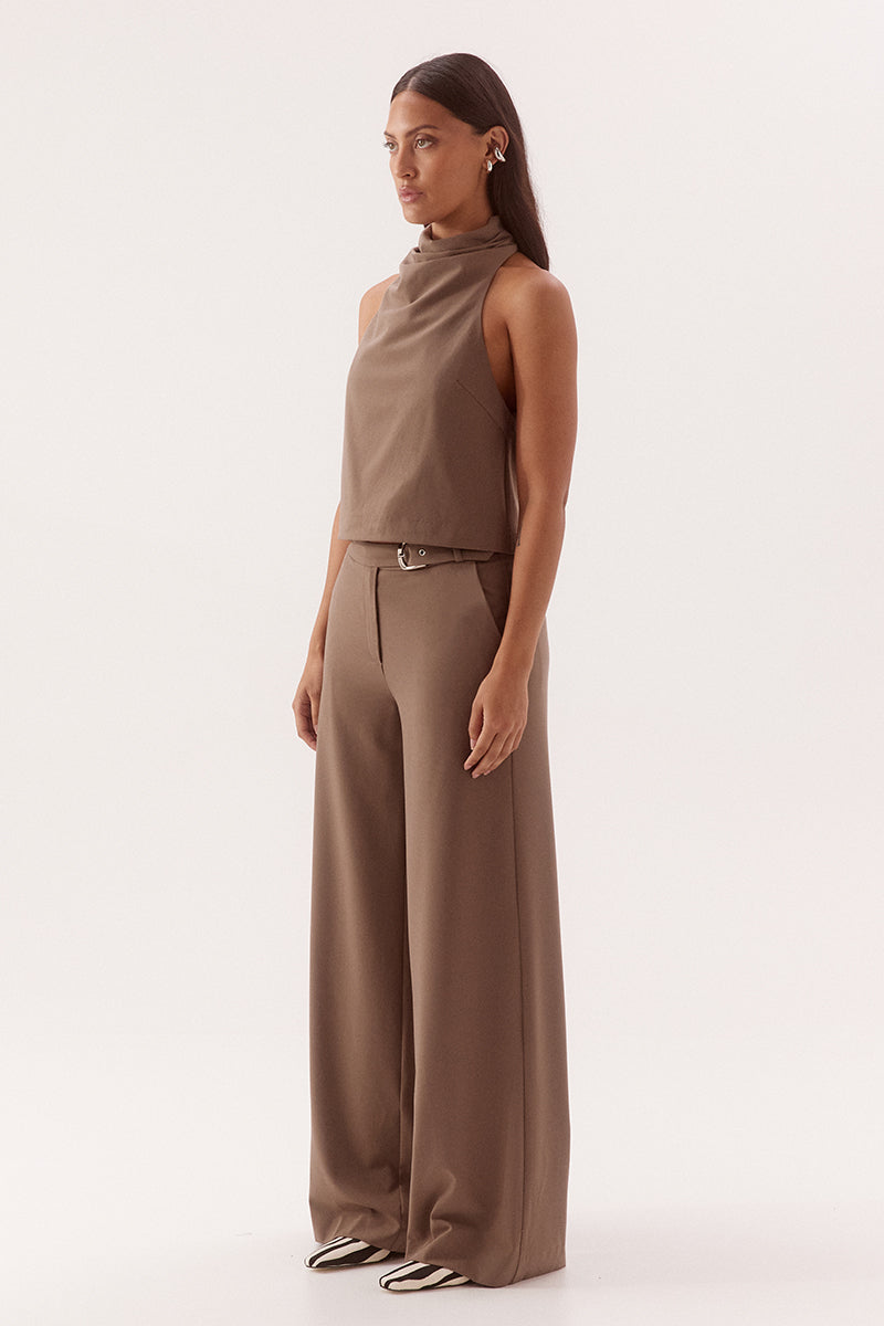 Women's bamboo blend sleeveless top with a soft cowl neckline, side neck pleats, racer back design, and relaxed fit silhouette.