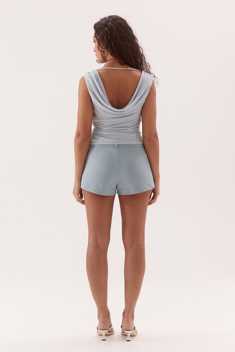 Sleeveless cowl neck top in diamante embellished stretch mesh with deep front and back drape