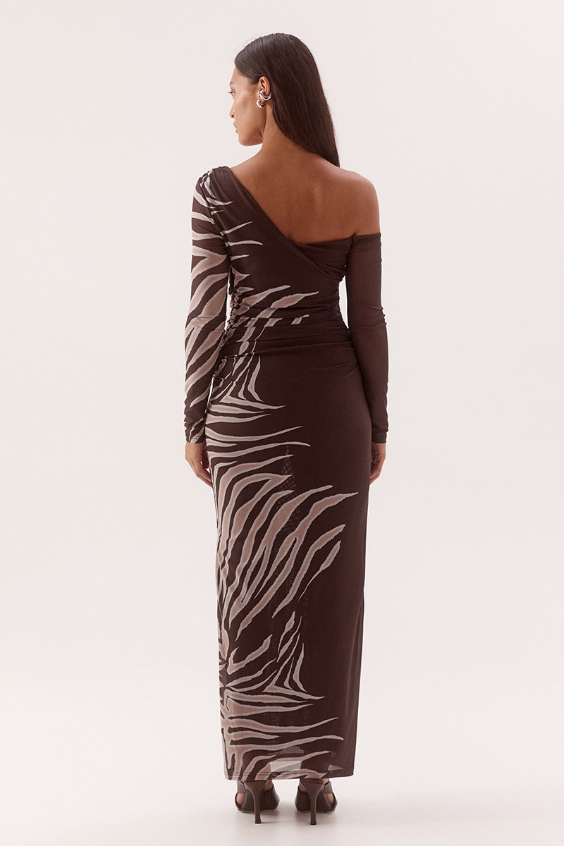 Women's fitted stretch mesh midi dress in exclusive print with asymmetric off-shoulder neckline, ruched bodice, long sleeves, and side split detail.
