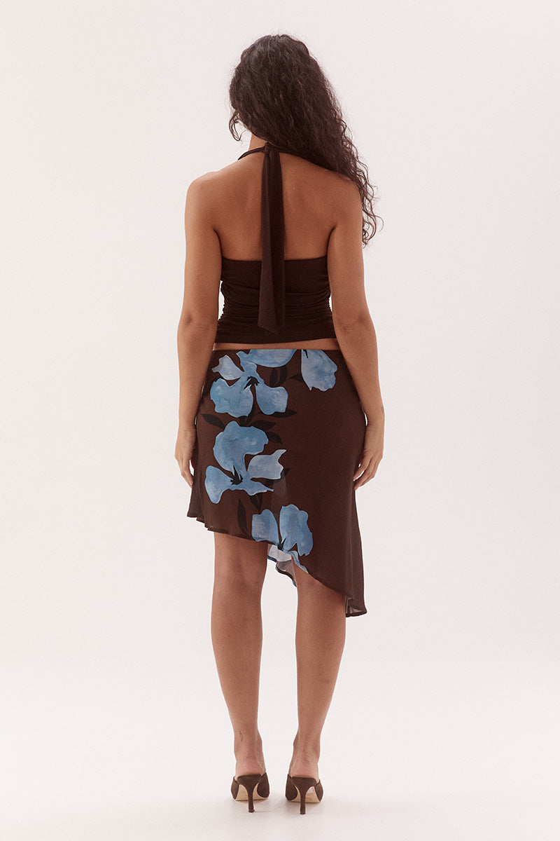 Halter neck top in textured rib mesh with scoop neckline and tucked front detail