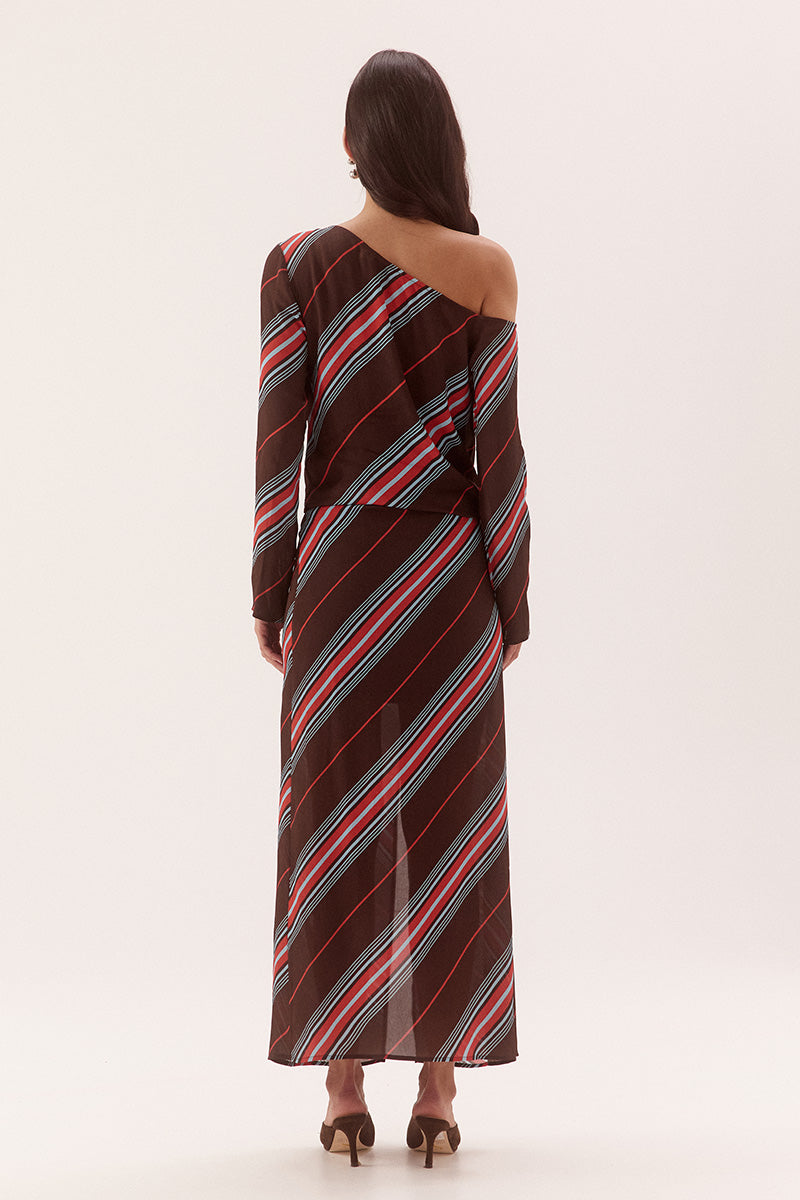 Off-shoulder maxi dress in woven viscose with exclusive in-house print, long sleeves and drop waist tie