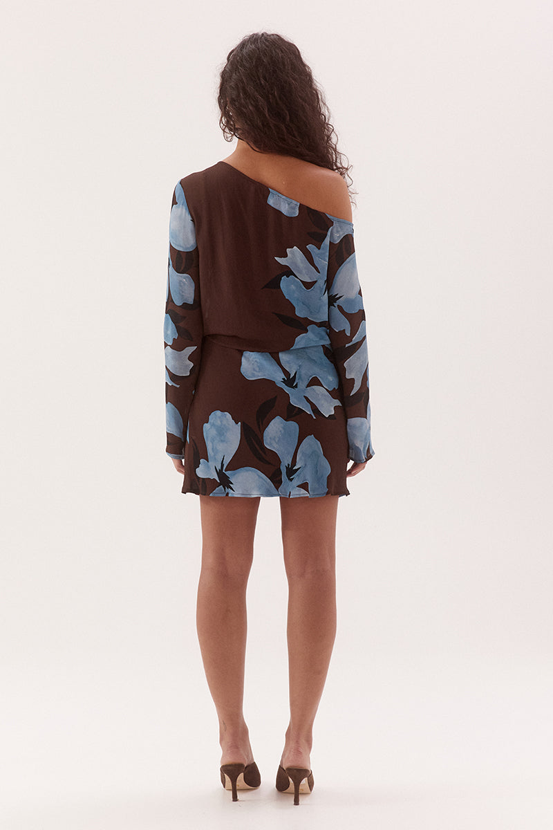 Off-shoulder mini dress in woven viscose with exclusive in-house print, long sleeves and drop waist tie