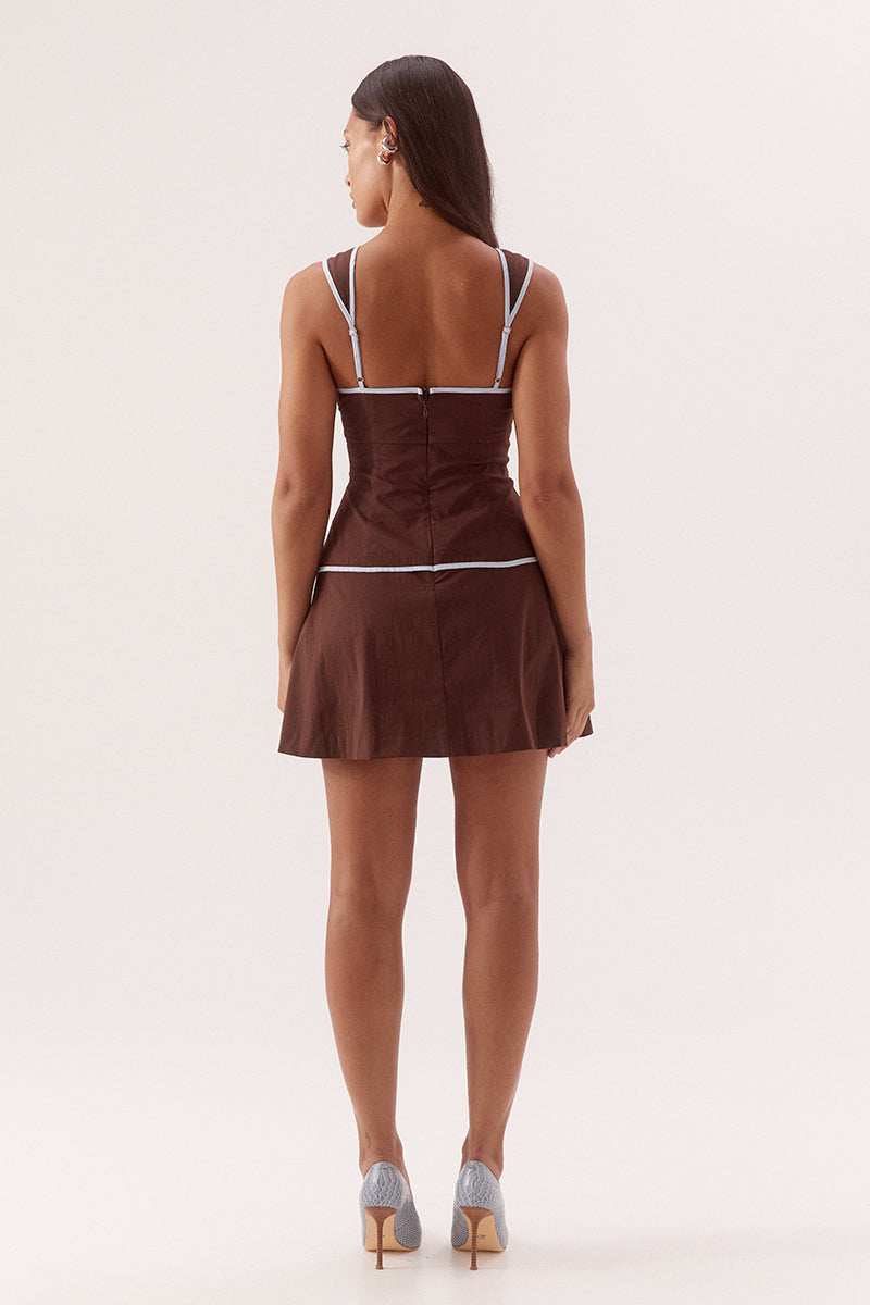 Fitted mini dress in stretch cotton with sweetheart neckline and dropped waist pleats