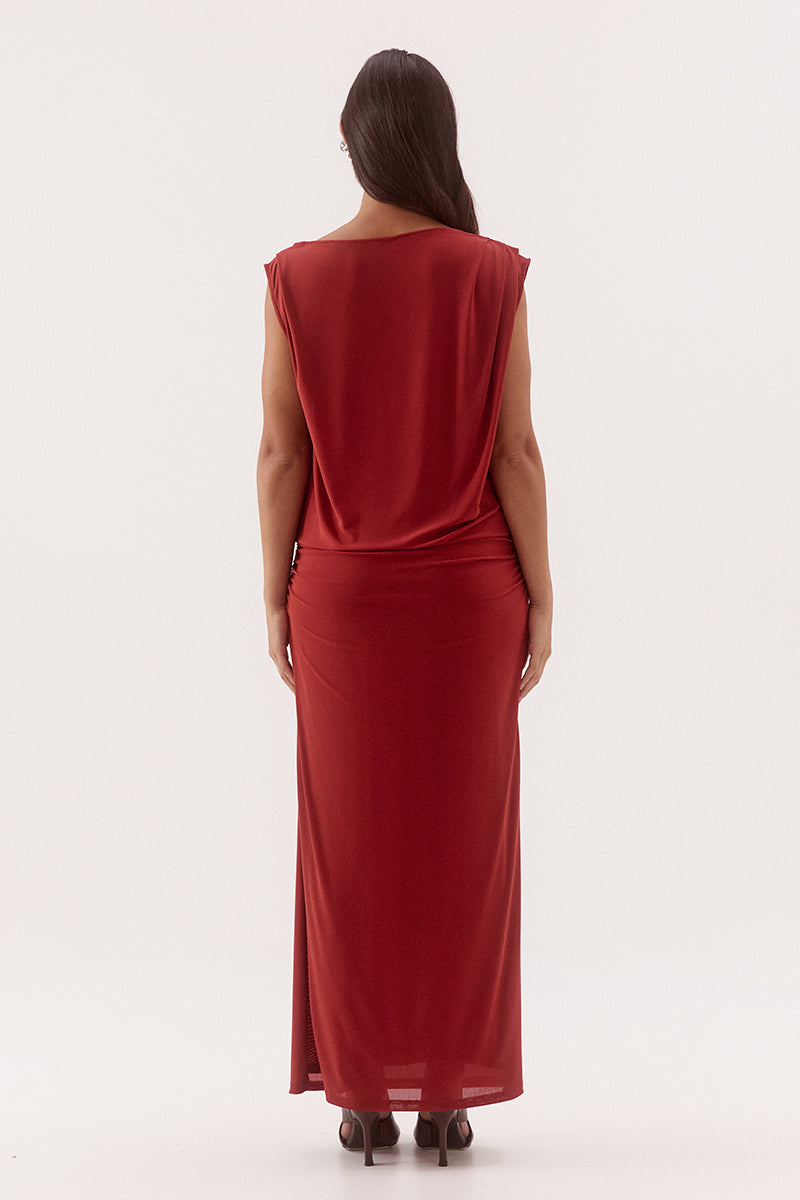 Women's stretch mesh sleeveless midi dress with sheer tank bodice, multiway neckline, gathered column skirt, built-in bralette and suede belt.