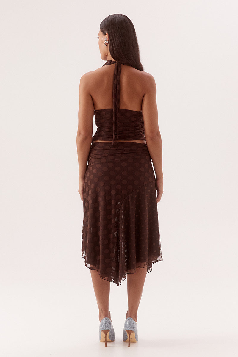 Halter neck empire line top in dot stretch mesh with draped side overlay