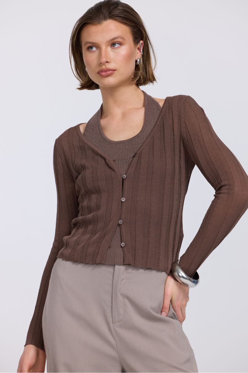 DUALITY KNIT CARDI SET - TRUFFLE