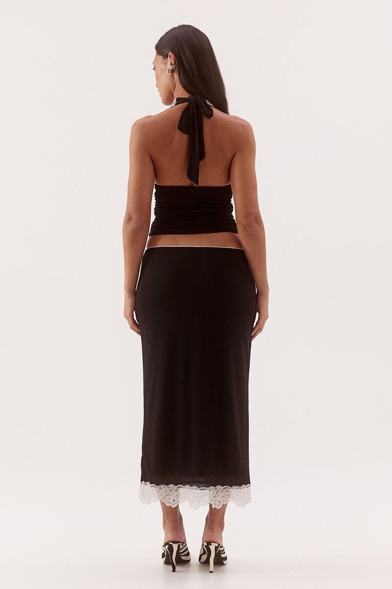 Halter neck empire line top in textured stretch mesh with lace trim neckline
