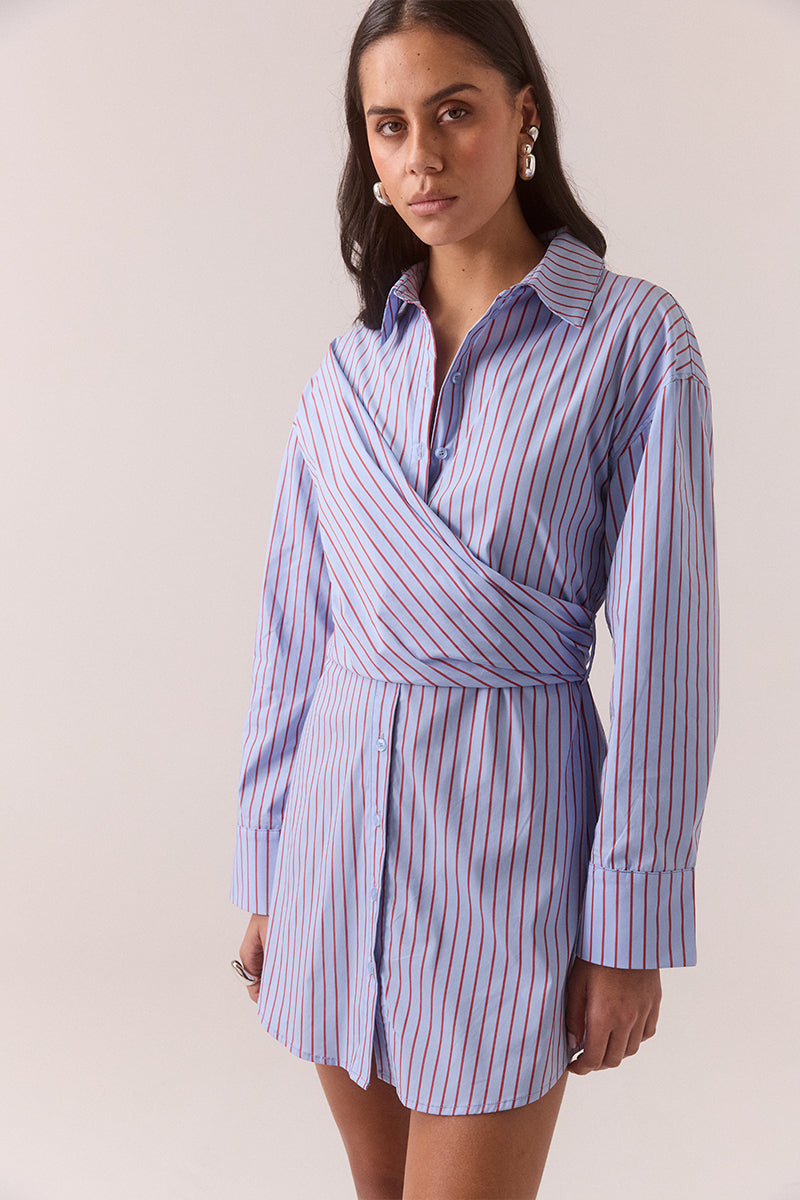 True wrap mini dress with two-piece collar, internal button closure, and shirtmaker-shaped hem