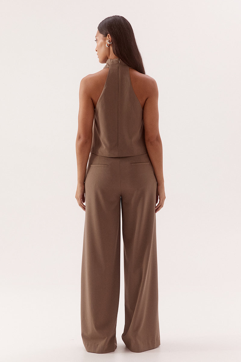 Women's bamboo blend sleeveless top with a soft cowl neckline, side neck pleats, racer back design, and relaxed fit silhouette.