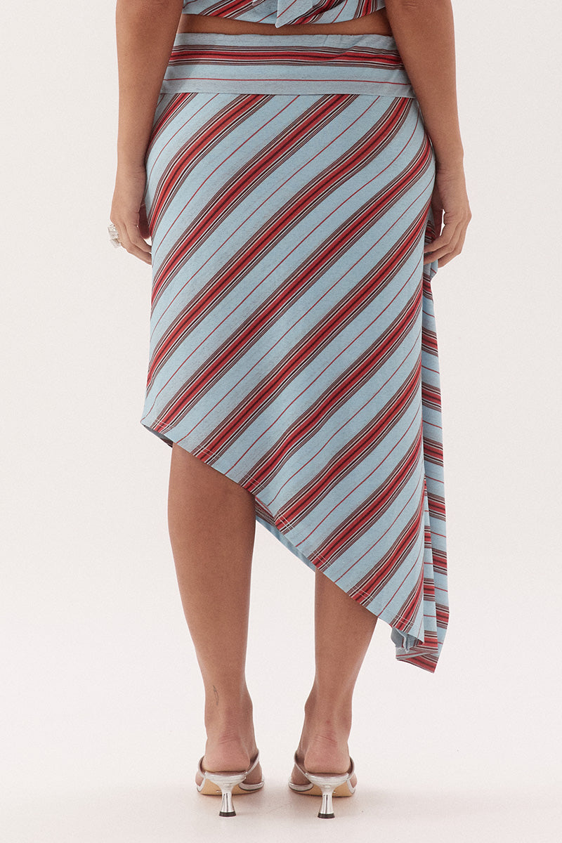 Mid-rise midi skirt in textured stretch mesh with asymmetric hem and side drape panel
