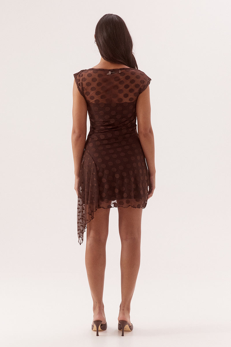 Two-layer mini dress in dot mesh with wide boat neck and side godet drape