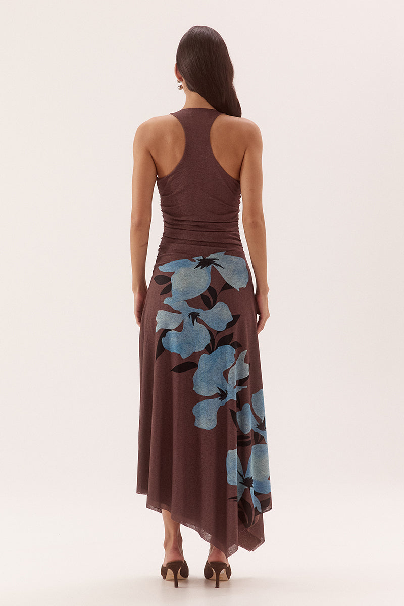 Dropped waist maxi dress in stretch textured mesh with asymmetric hem and scoop neckline