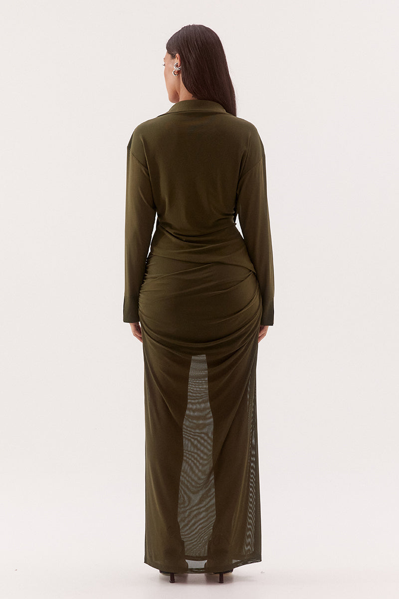 Women's stretch mesh drape front shirt with cowl wrap neckline, dropped shoulders, two-piece collar and wide split cuffs.