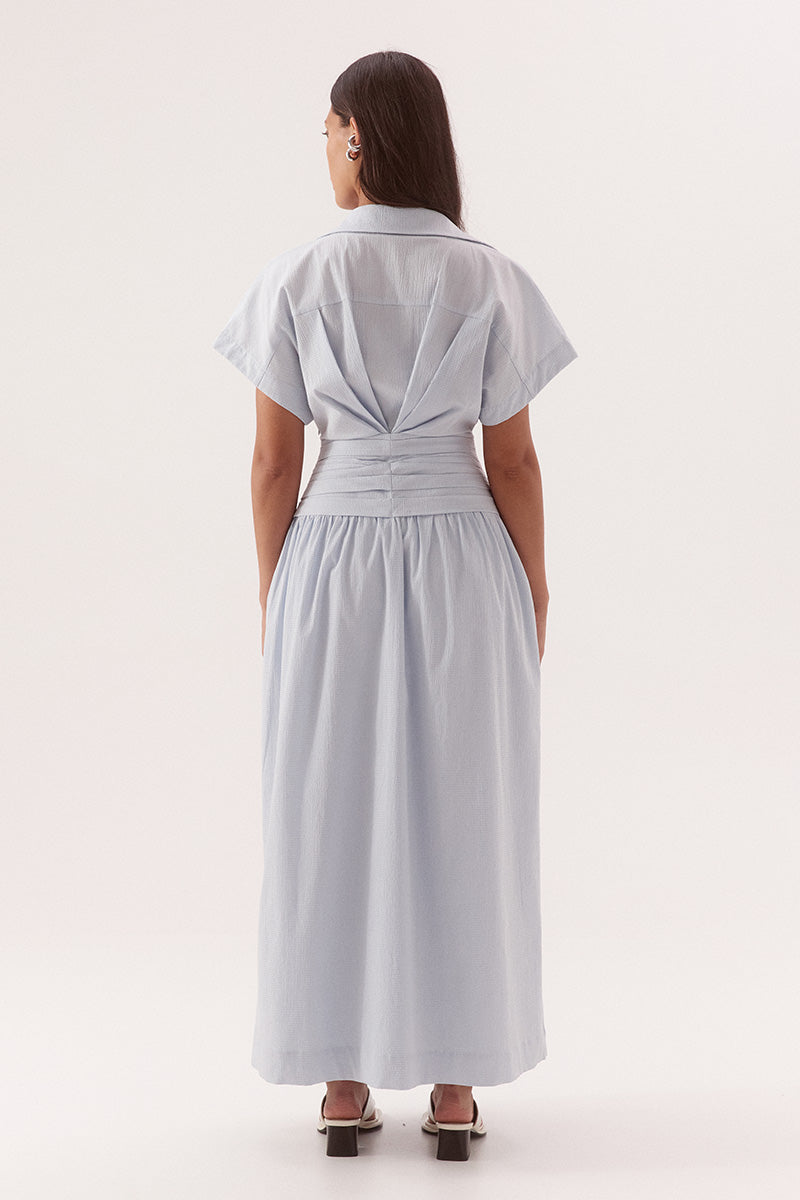Pleated midi dress in stretch cotton with two piece collar and side leg splits