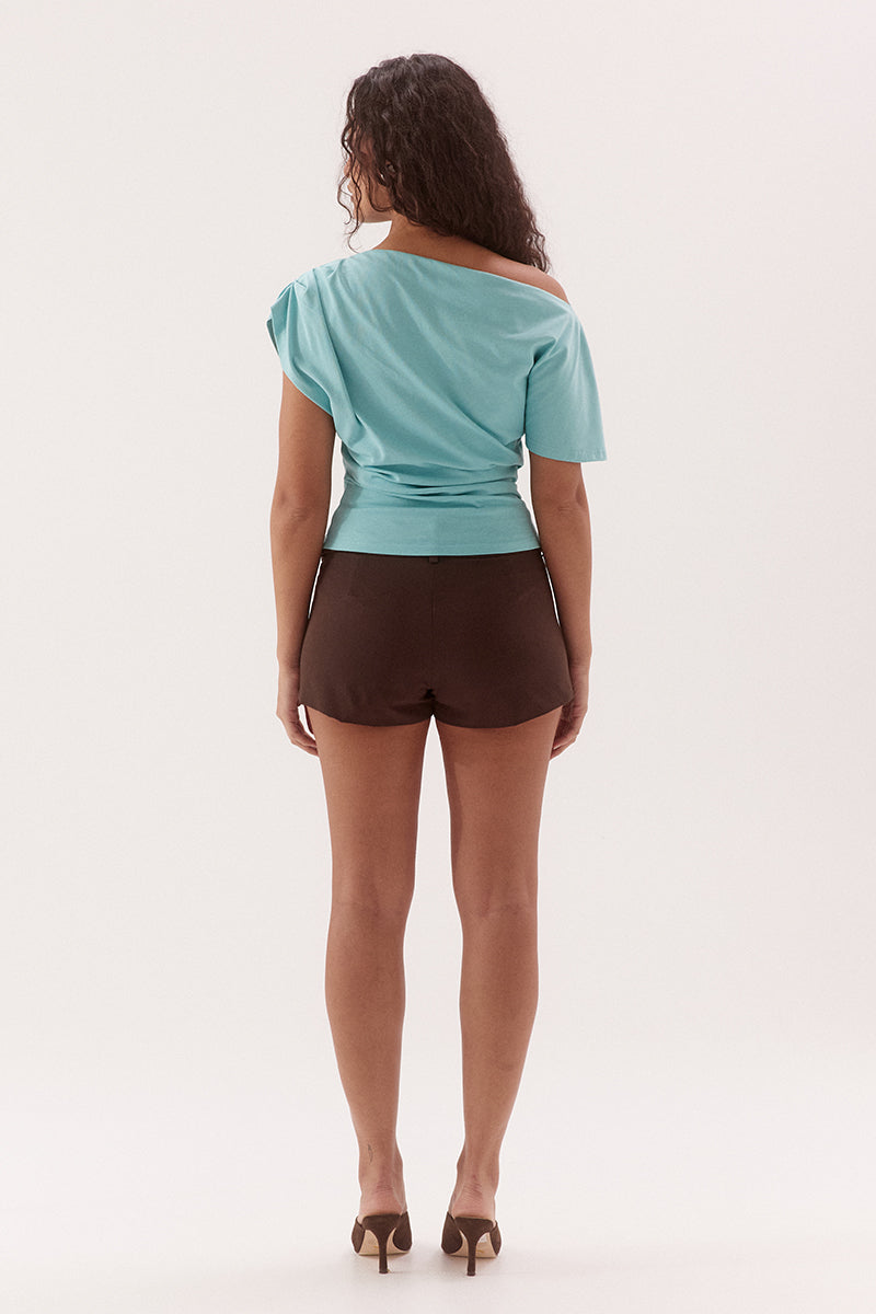 Boat neck cotton top with asymmetric split sleeve, can be worn on or off shoulder