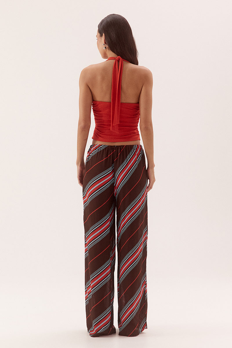 Halter neck top in textured rib mesh with scoop neckline and tucked front detail