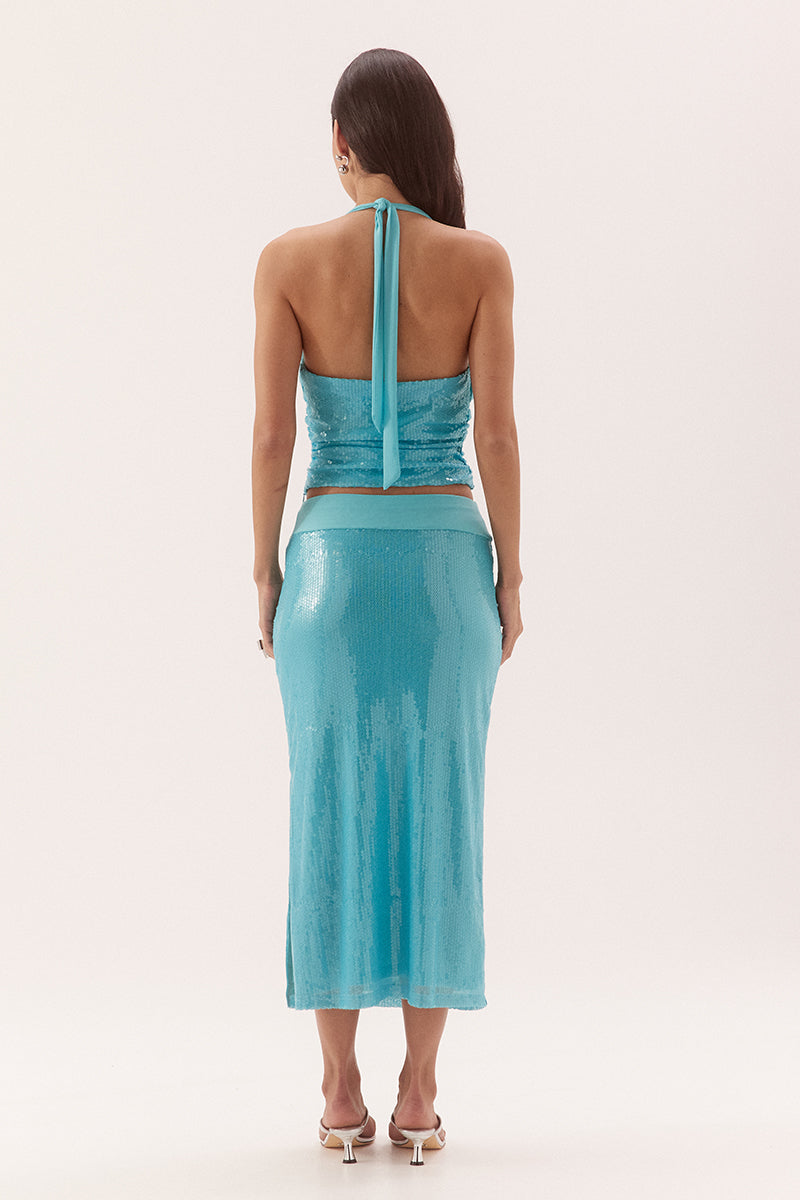 Halter neck sequin top with asymmetric cowl neckline and side gathers
