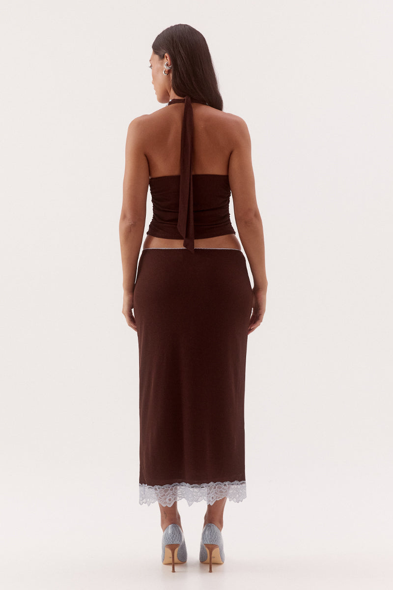 Halter neck empire line top in textured stretch mesh with lace trim neckline
