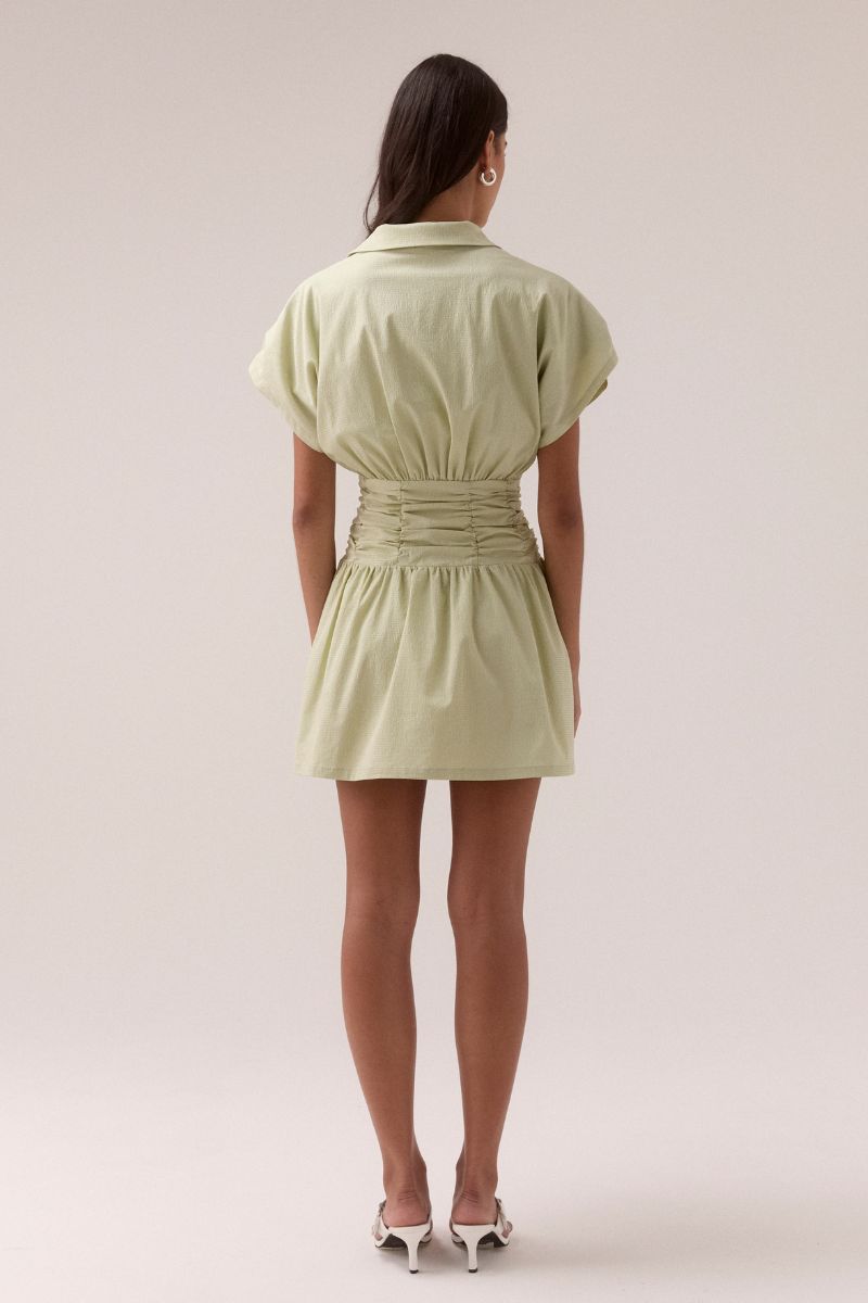 Cotton blend short sleeve mini dress with ruched waist and full skirt
