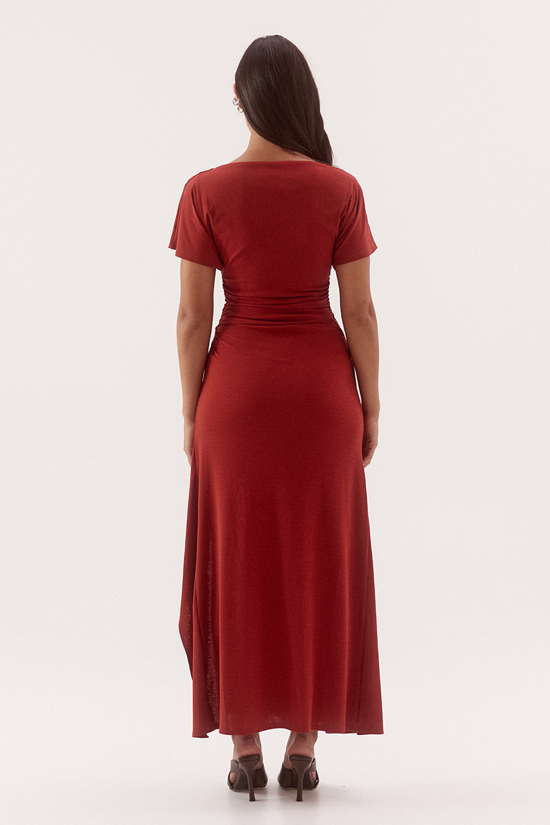 Women's textured stretch mesh fitted midi dress with off-shoulder option, short sleeves, gathered waist, boat neckline and front split.