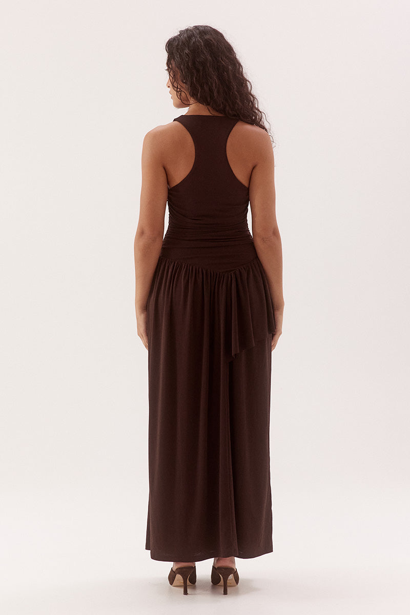 Dropped waist maxi dress in textured rib mesh with scoop neckline and one-sided frill overlay
