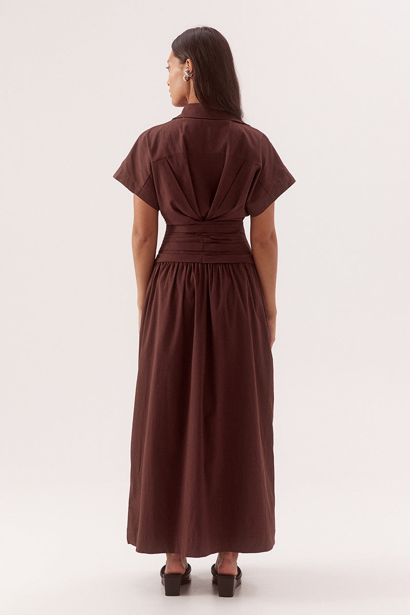Pleated midi dress in stretch cotton with two piece collar and side leg splits