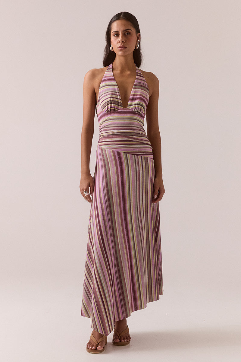 Women’s halter maxi dress with exclusive print, textured stretch mesh fabric, gathered bodice, V-neckline, asymmetric dropped waist, side split, and asymmetric hem