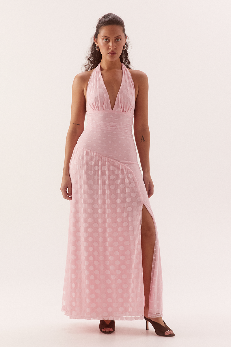 Two-layer mini dress in dot mesh with wide boat neck and side godet drape