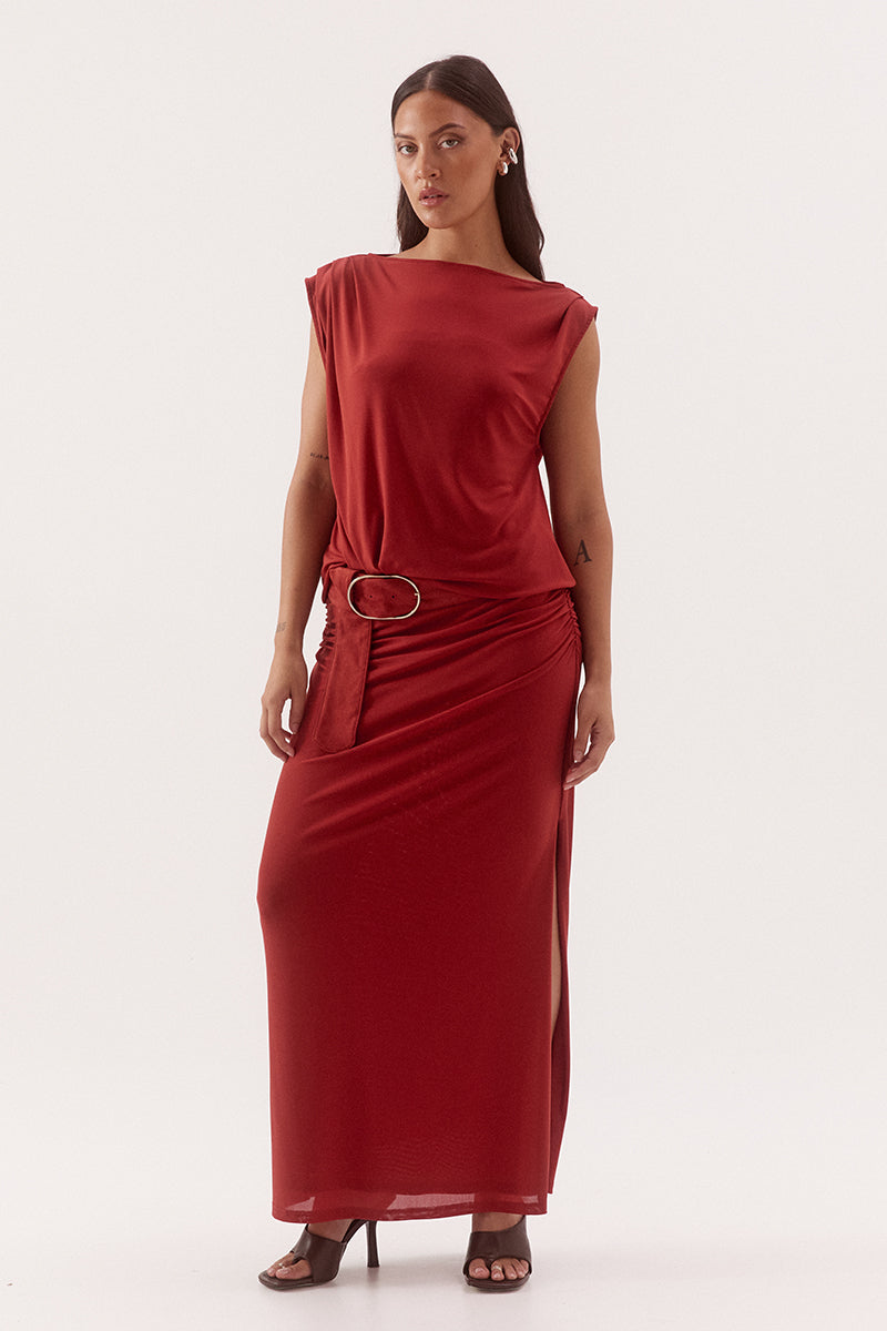 Women's stretch mesh sleeveless midi dress with sheer tank bodice, multiway neckline, gathered column skirt, built-in bralette and suede belt.