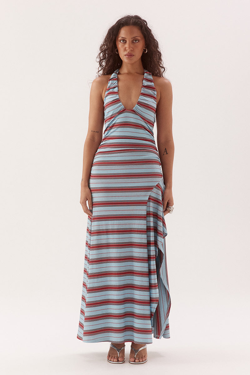 Halter neck midi dress in textured stretch mesh with gathered scoop neckline and side godet split