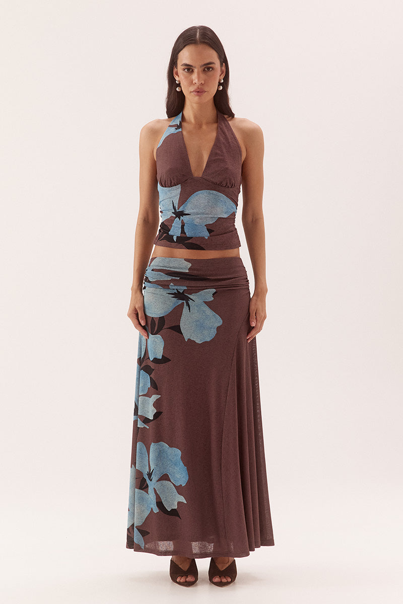 Mid-rise skirt in stretch textured mesh with fishtail godet panel and gathered waist