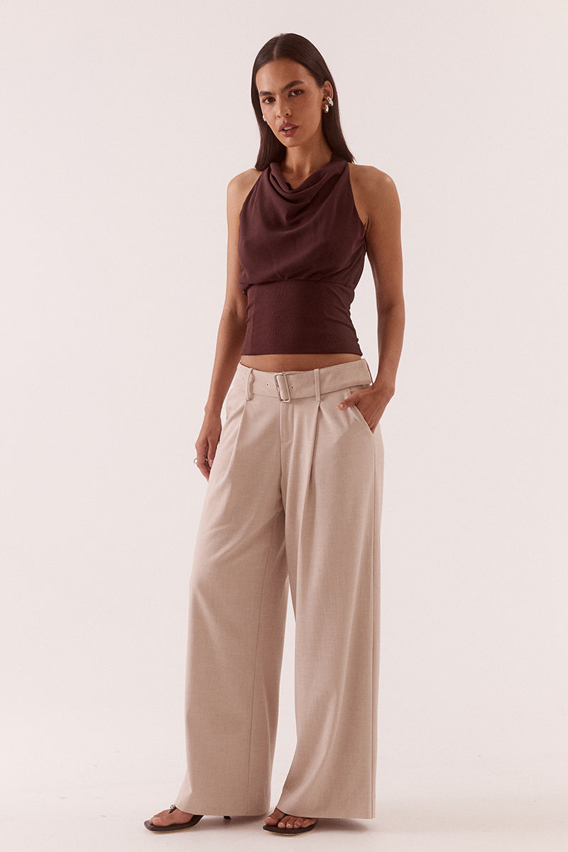 Women’s high cowl neck top with chiffon upper, textured stretch waistband, soft gathers at bust, back keyhole detail, and side zip closure.
