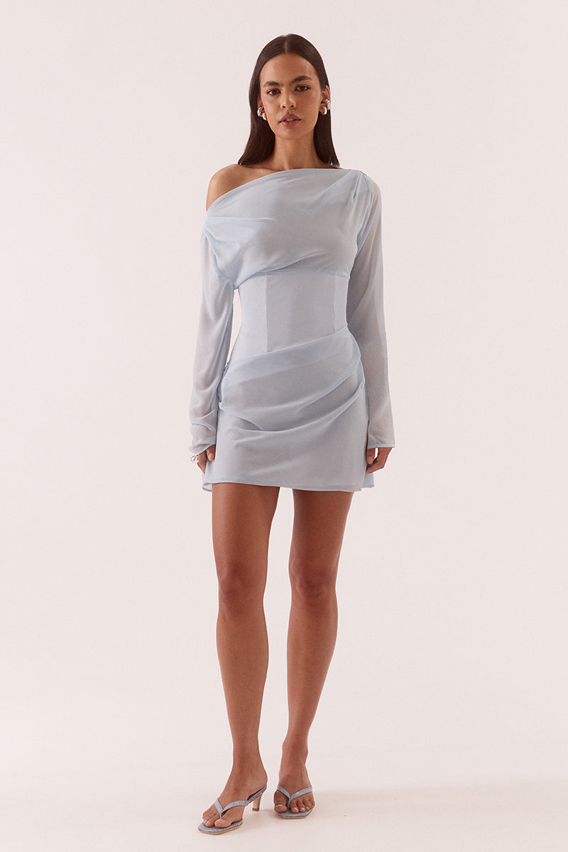 Women’s A-line mini dress with chiffon bodice, textured stretch waistband, draped overlayer skirt, boat neck neckline, long sleeves, and side zip closure.