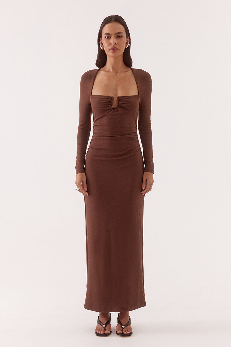Women’s fitted long sleeve maxi dress in rayon blend with front bust cut-out, wire support, gathered bust and waist, and centre back split