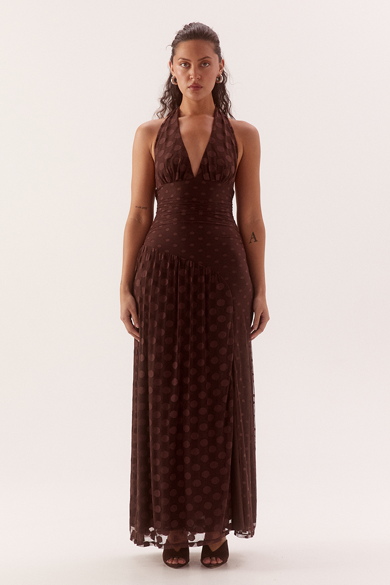 Halter neck empire line midi dress in dot mesh with contrast godet drape panel