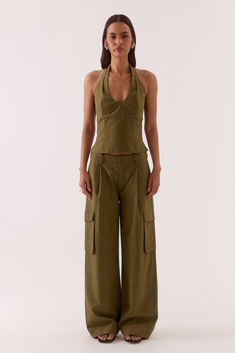 Women’s mid-rise cargo pants in lyocell cotton blend, relaxed fit straight leg with utility flap pockets, angled hip pockets and adjustable waist tabs