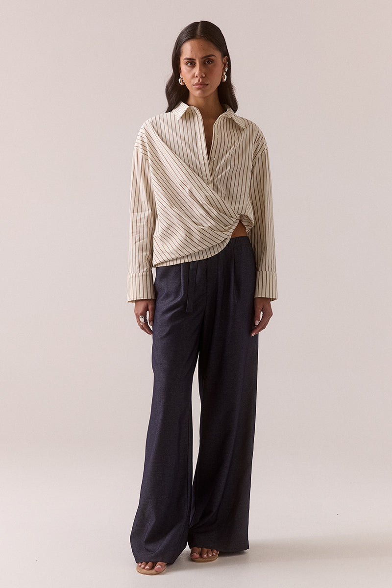 Cotton-blend striped wrap shirt with dropped shoulder and adjustable wide cuffs